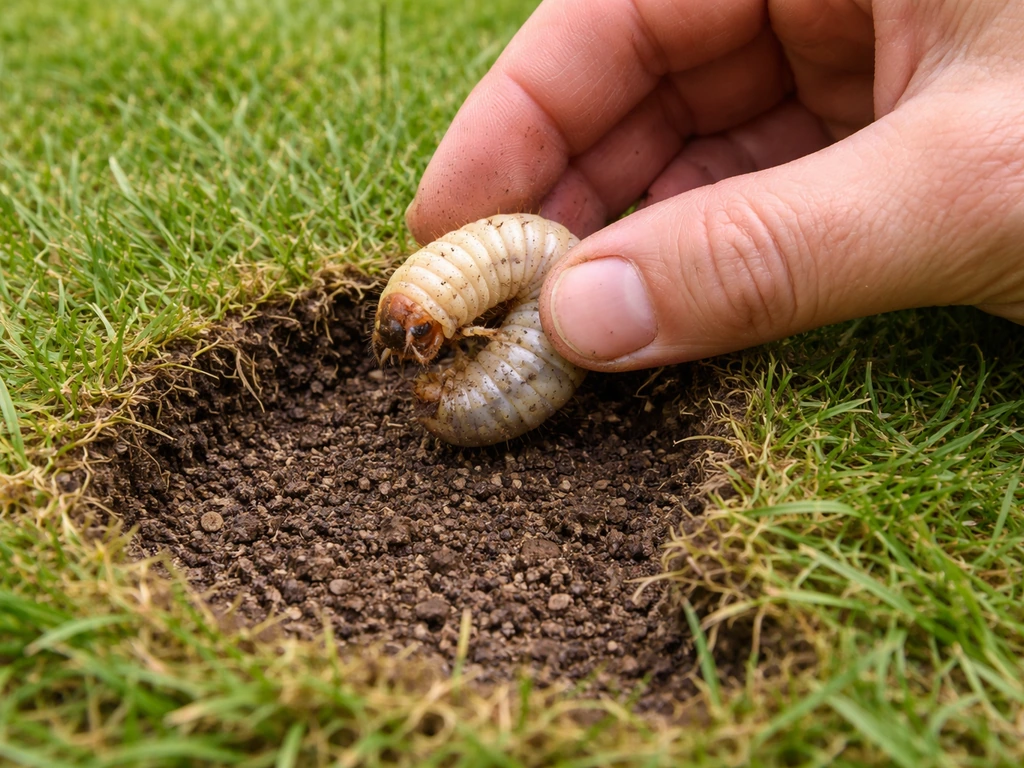 Hand haalt een keverlarve uit losgekomen grasmat, met zichtbare gele wittige engerling op de grond.