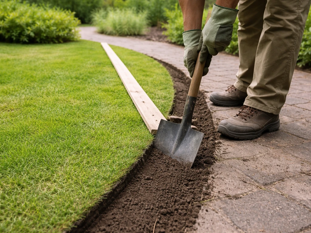 Tuinwerker maakt een strakke snijlijn langs een grasrand met plank als richtlijn en spade in de grond