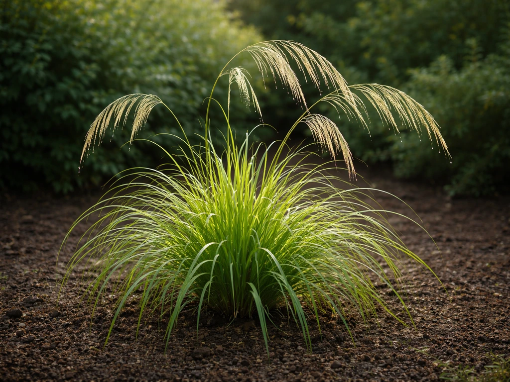 Overhangend siergras in een Nederlandse tuin met gevederde pluimen, als herkenbaar ‘himalaya gras’