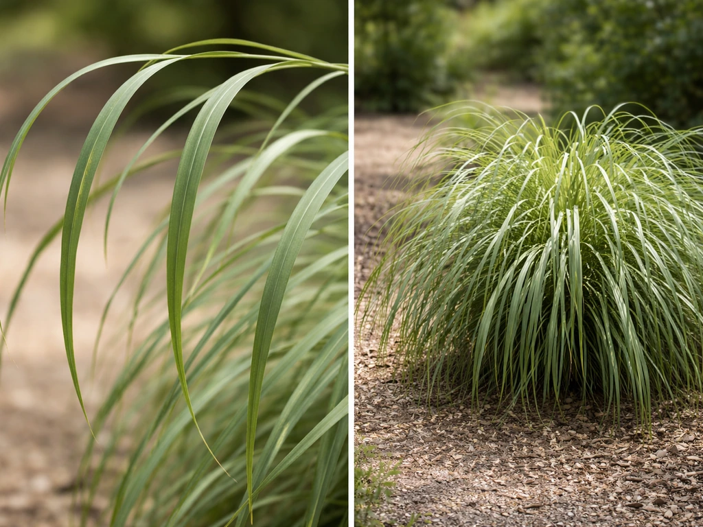 Miscanthus nepalensis in de tuin met licht- tot grijsgroene bladen die neerbuigen in een dichte pol.