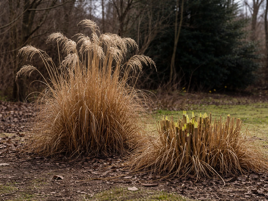 Miscanthus in winter: dorre stengels en pluimen laten staan, daarna pol terugknippen in het voorjaar.