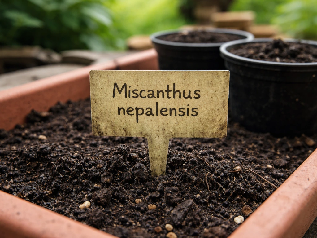 Close-up van een tuinlabel met de Latijnse plantnaam Miscanthus nepalensis op de grond bij potten aarde.