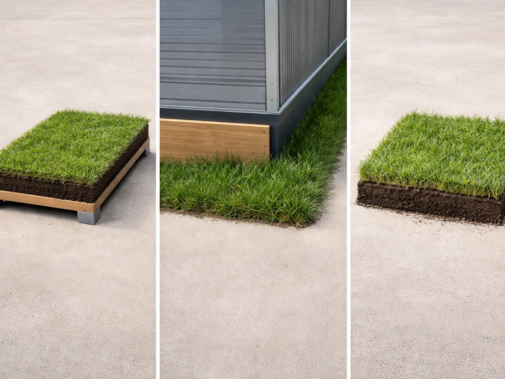Drie naast elkaar geplaatste voorbeelden van gras: op verhoogd platform, naast constructie en op substraat/opbouw.