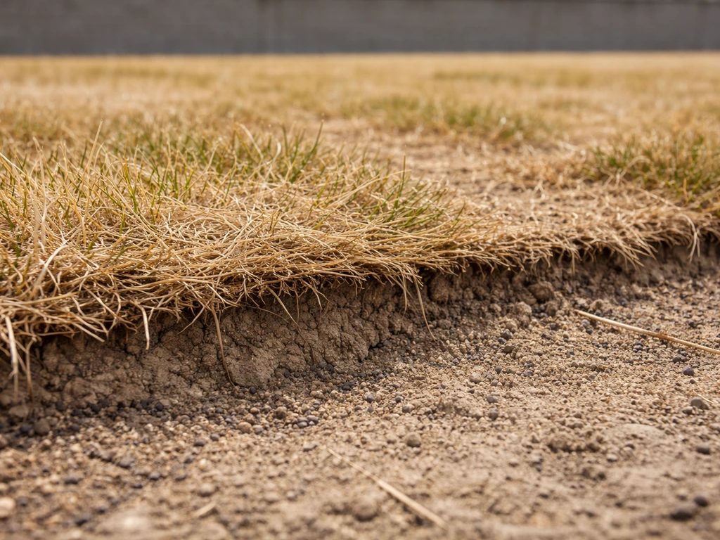 Ondiep gras op een platform met droge plekken en bloot liggende wortelzone, close-up van de bodemrand