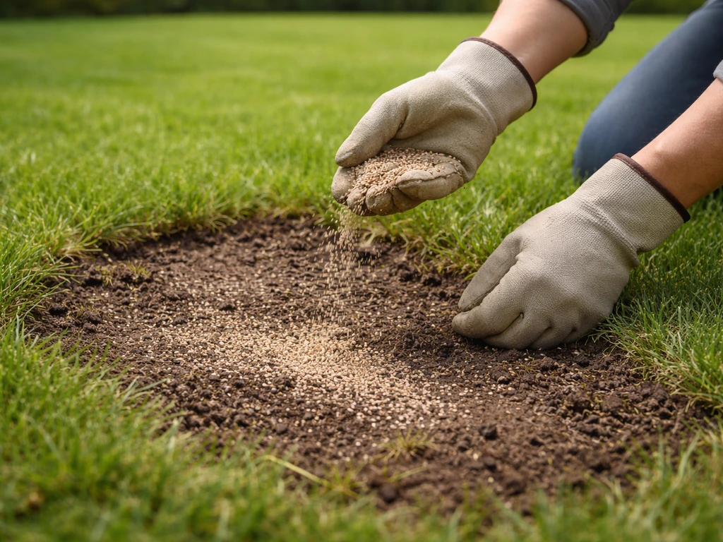 Tuinier die kale plek in gazon bijzaait na loskammen/verticuteren, met zichtbaar nieuw zaad op opengekrabde grond.