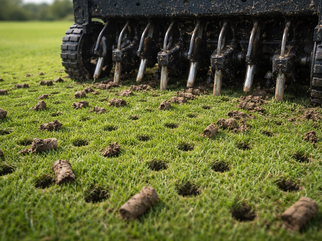 Grasveld met prik-/kernbeluchtingmachine die gaten in de bodem maakt en open luchtkanalen toont