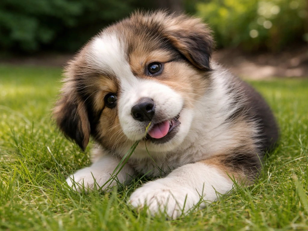 Close-up van een puppy die in het gras bijt en gras likt in een stille tuin