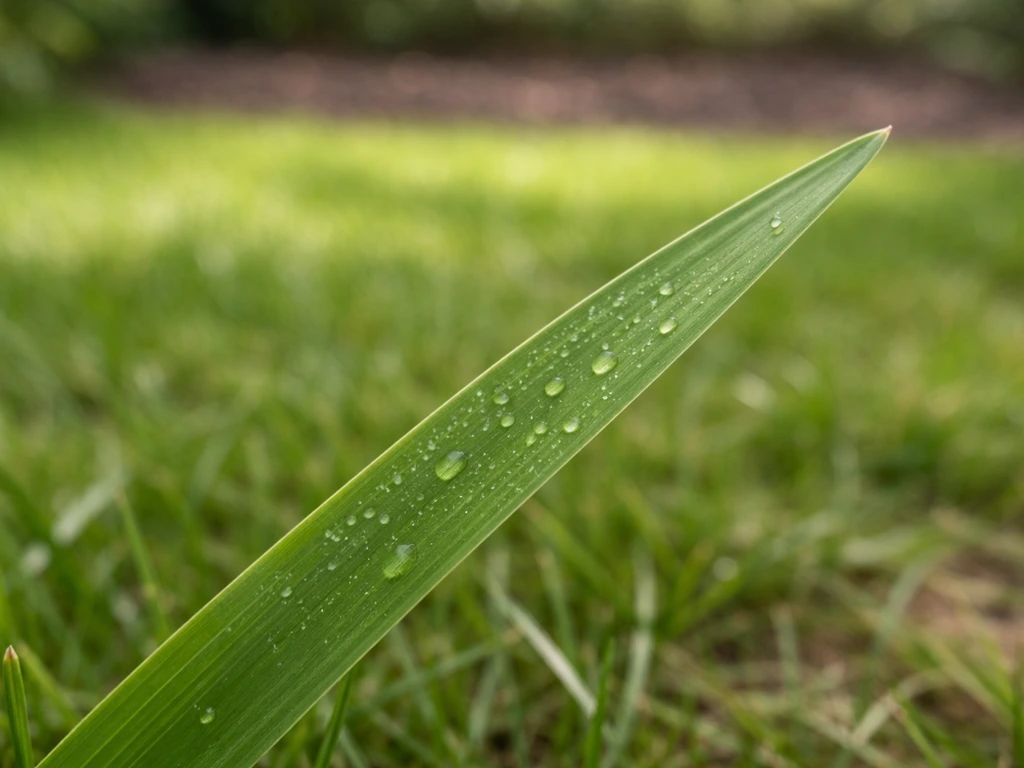 Close-up van een groen grasblad in een Nederlandse tuin, met subtiele plekjes die risico’s suggereren.