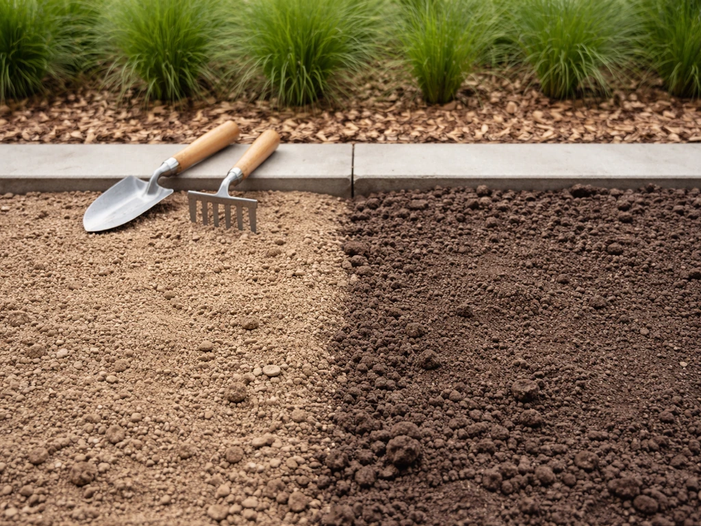 Minimalistische tuinborder met zanderige en kleiige bodemstructuur, tuingereedschap en focus op drainage