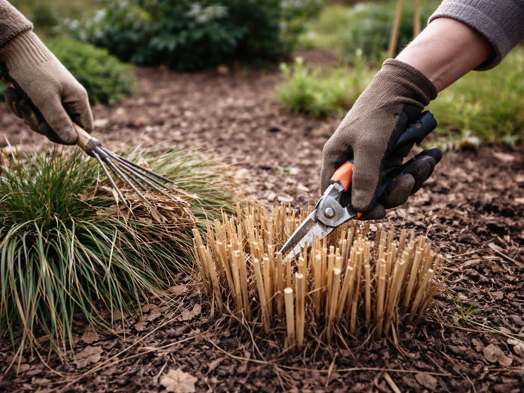 Tuinier knipt in het voorjaar siergrassen: Miscanthus/Pennisetum terug tot 10–15 cm en Carex dode bladeren uitkammen.