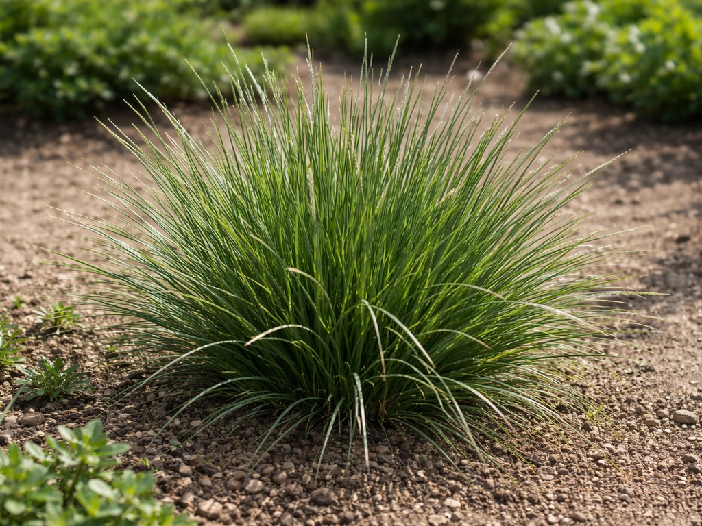 Sesleria-graspollen in een tuinborder, met compacte pol en smalle rechtopstaande bladeren, natuurlijk licht.