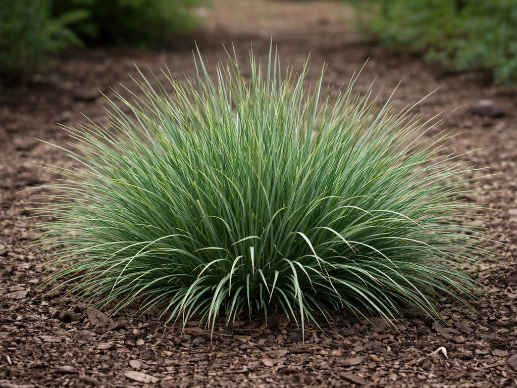 Compacte Sesleria-pol in de tuin met duidelijke bladbundels, met een rustige onscherpe achtergrond.