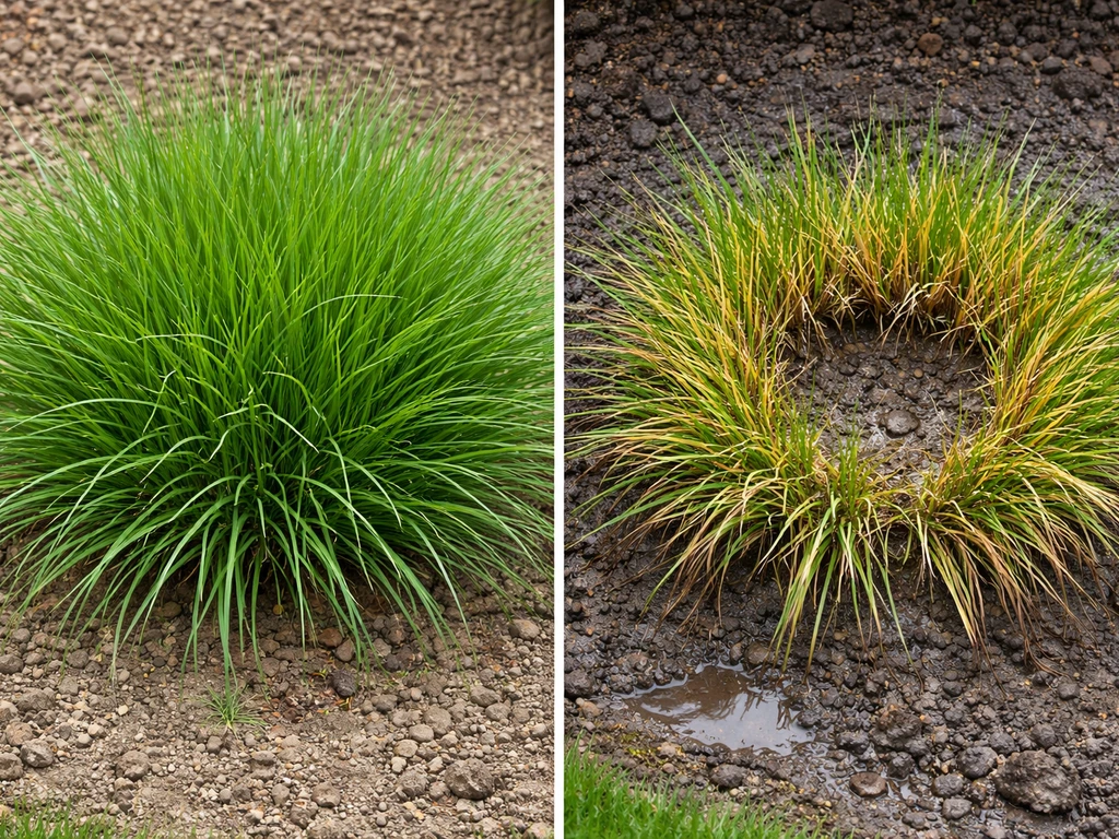 Sesleria-pol met kale plek en vergeelde bladeren naast een gezonde, groene pol in natte grond
