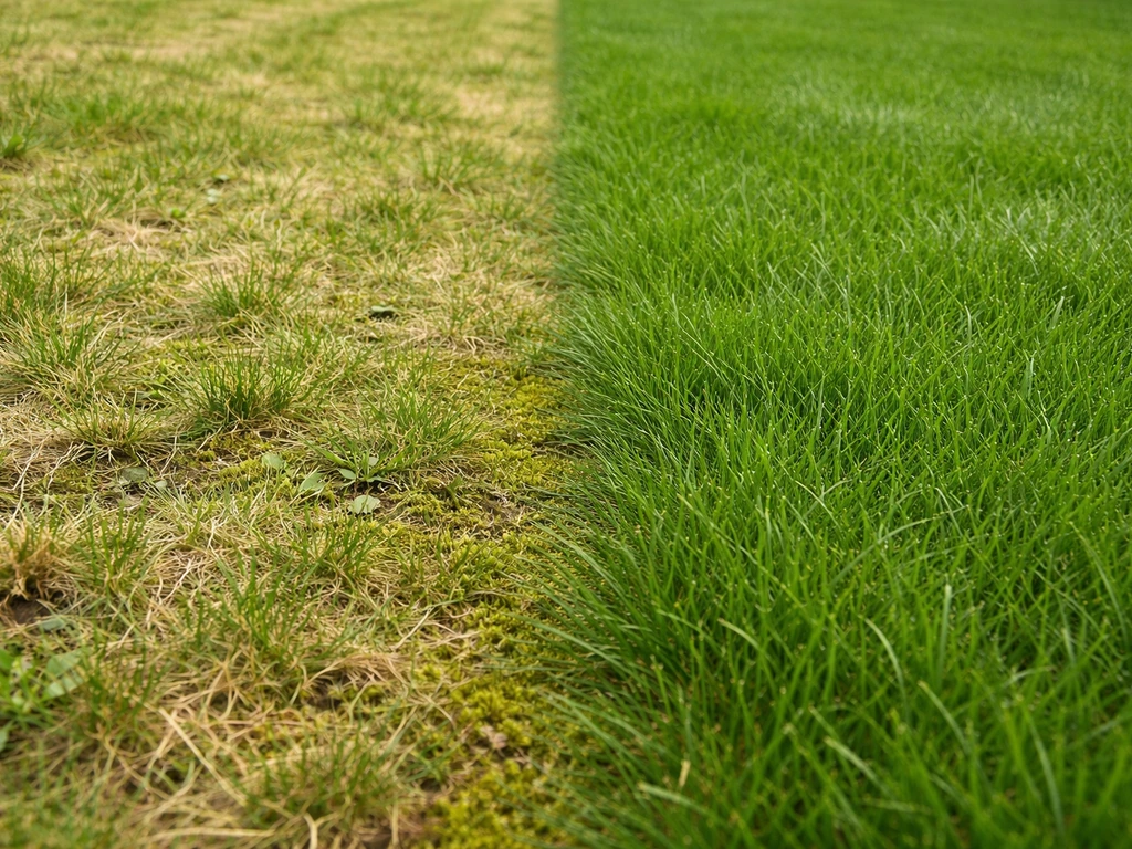 Twee graszones naast elkaar: ijl, licht gras met mos tegenover dicht en diepgroen gras.