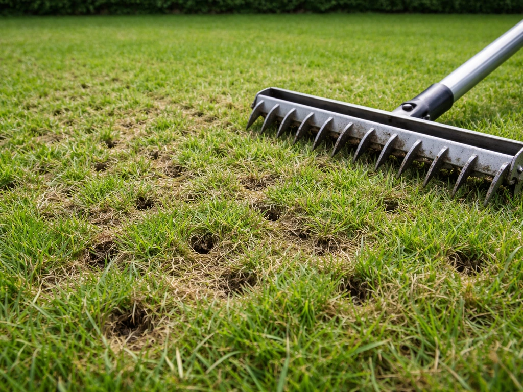 Gazon met geprikte en losgesneden viltlaag, gereedschap klaar voor beluchten/verticuteren in één simpele setting.