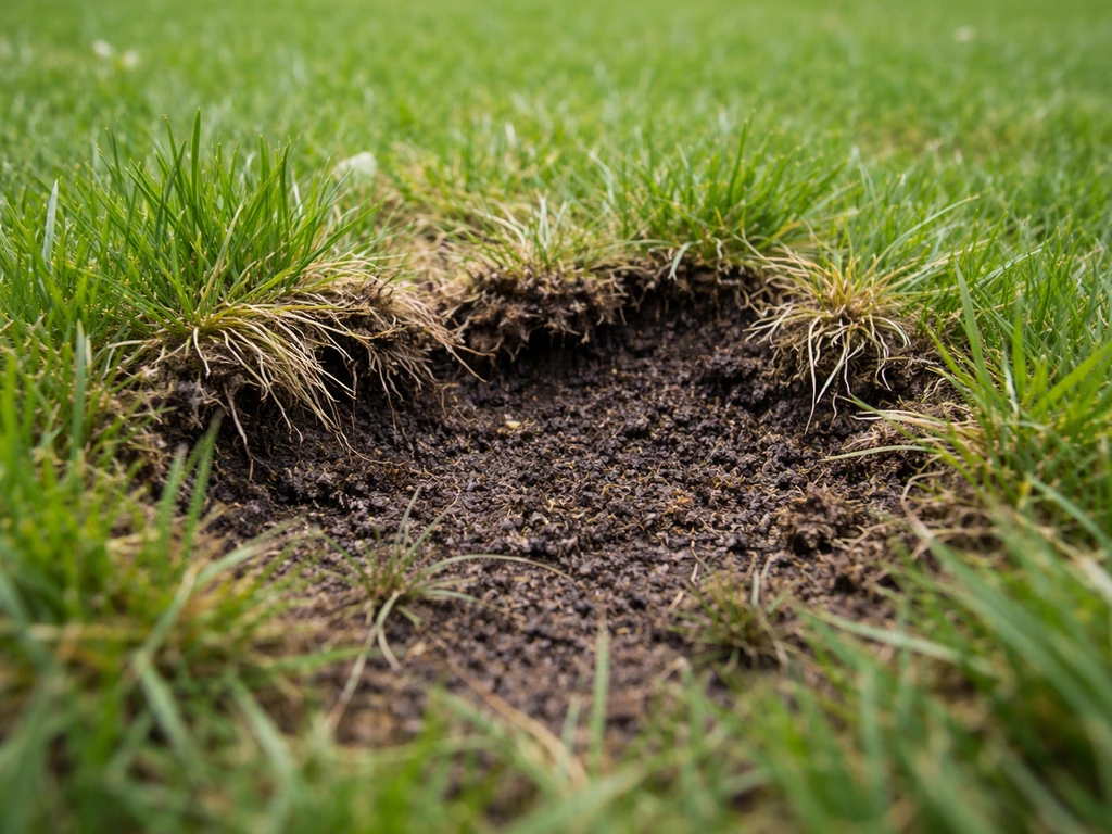Close-up van een kale plek in het gazon met losgetrokken bodem en blootliggende graswortels.