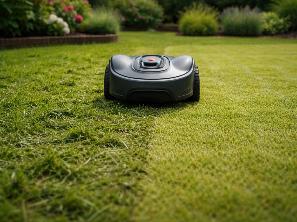 Robotmaaier naast nat gras met klonten en daarnaast droog gras met netjes gemaaid resultaat.