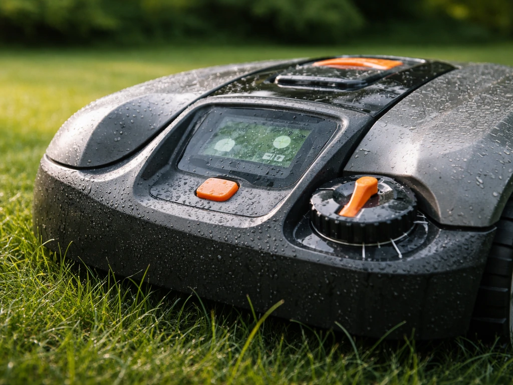 Close-up van een robotmaaier op vochtig gras met zichtbare maaihoogte-instelling en mulchen-parameters.