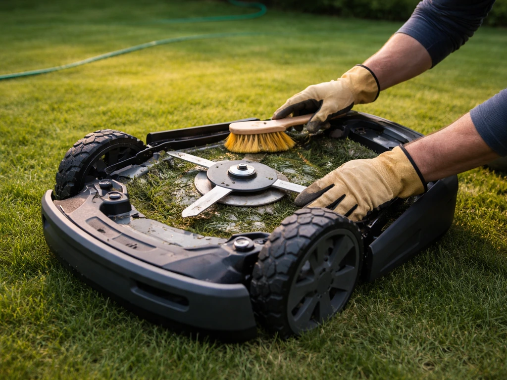 Handschoend persoon maakt de onderkant van een robotmaaier schoon na het maaien in de tuin.
