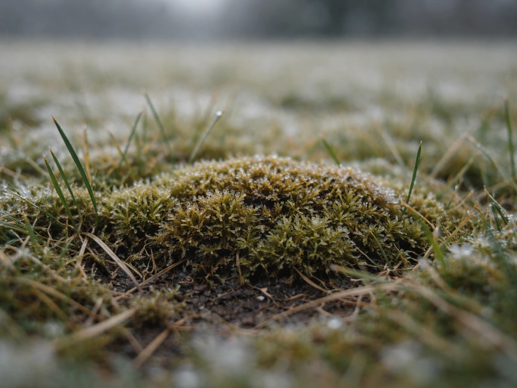Close-up van mos tussen graspolletjes op een wintergazon, met natte, groene plukjes en koude sfeer.