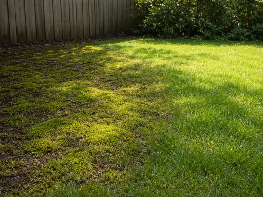 Deels beschaduwd gazon met mos op donkere plekken en lichtere, beter begroeide zones