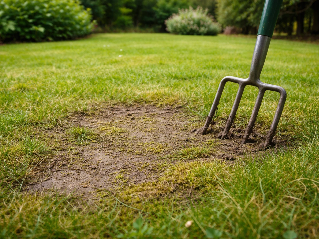 Platgedrukte graszode met mos en vilt op een belopen plek, met een beluchtingsvork als context.