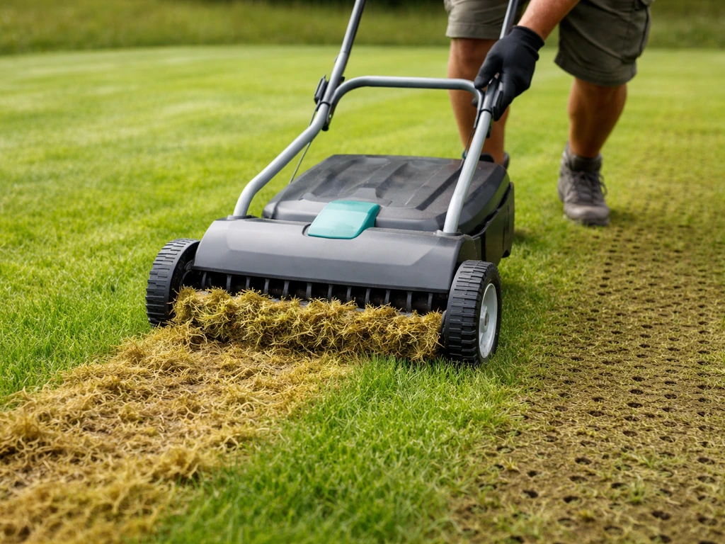 Verticuteermachine tilt mos op; naast het pad zijn beluchte gaatjes in het gras zichtbaar.