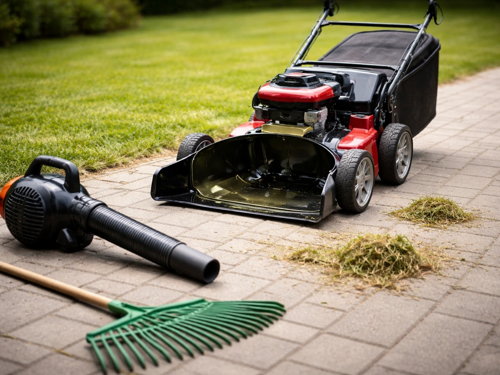 Open gazonmaaier op een tuinpad, met hark en bladblazer; weggehaald maaisel voor direct na het maaien.