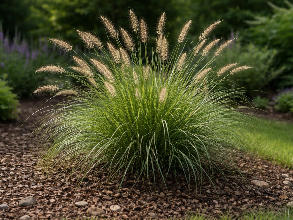 Polvormend hybride siergras in een border van een Nederlandse tuin, met natuurlijk licht en groene bladeren.