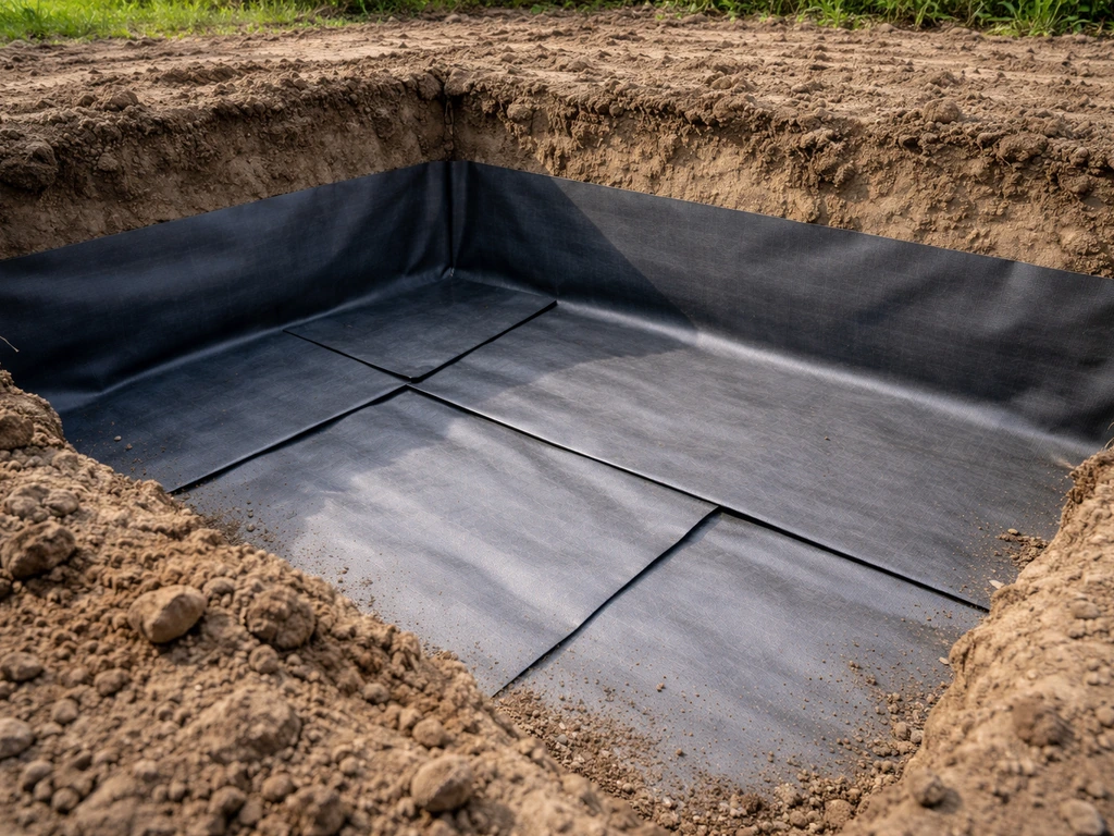 Graafwerk in de tuin met zichtbare lagen wortelwerende folie en overlappende naden onder het maaiveld.