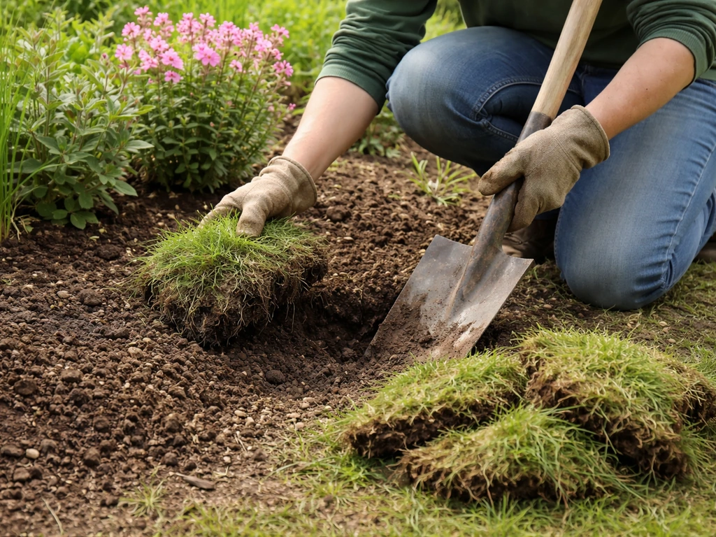 Kniegende tuinier steekt kweekgras uit de border met een spade, graszoden los rond vaste planten.