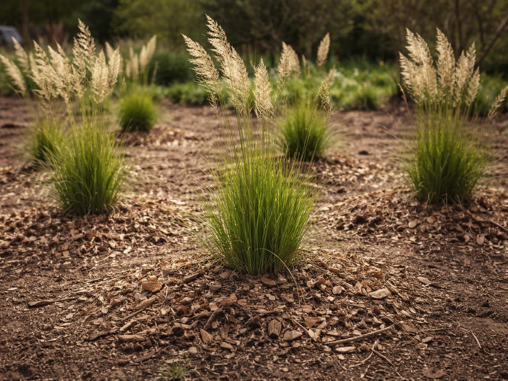 Siergrassen in een Nederlandse tuin in het vroege voorjaar met een zichtbare mulchlaag van knip-/snoeischroot rond de po