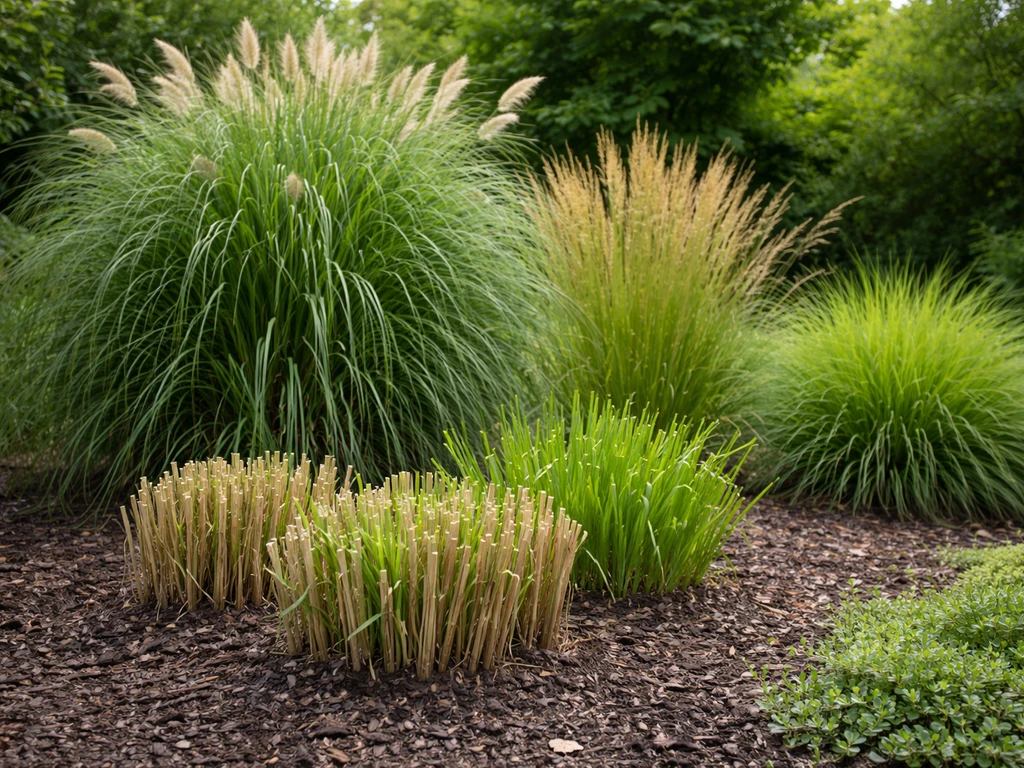 Siergrassen in een rustige tuin: hoge pollen met teruggeknipte stengels die ‘hoog gras’ tonen.