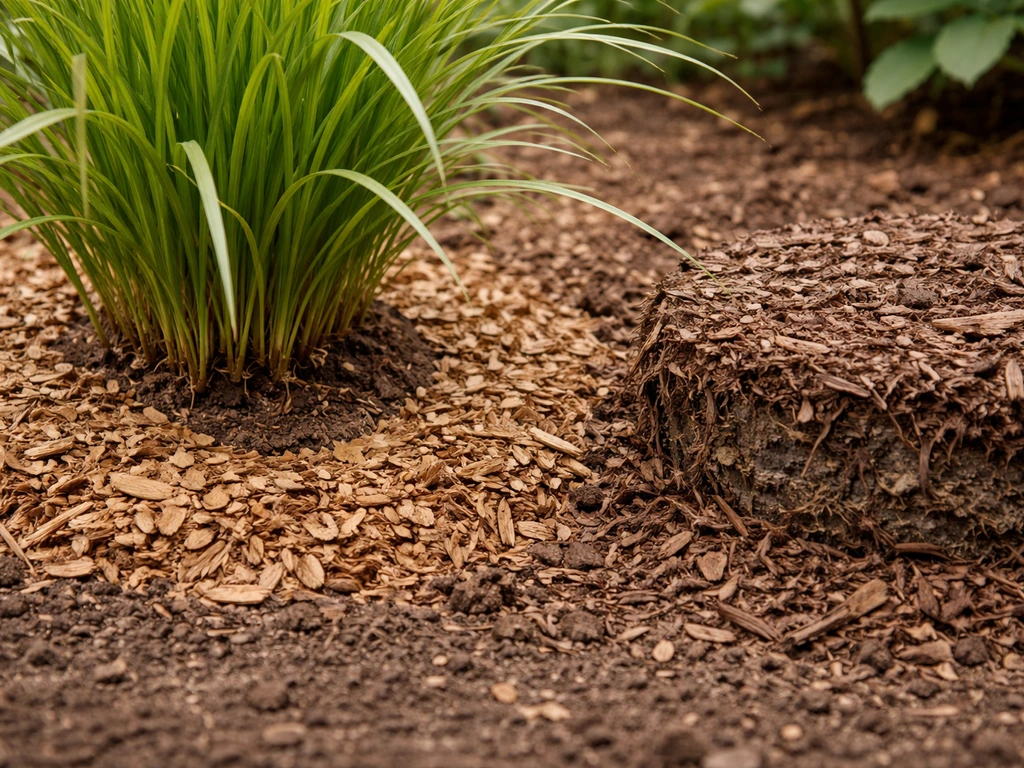 Tuinpol met dunne mulchlaag en duidelijke vrije zone aan de voet; vochtige te dikke laag ligt ernaast als contrast.