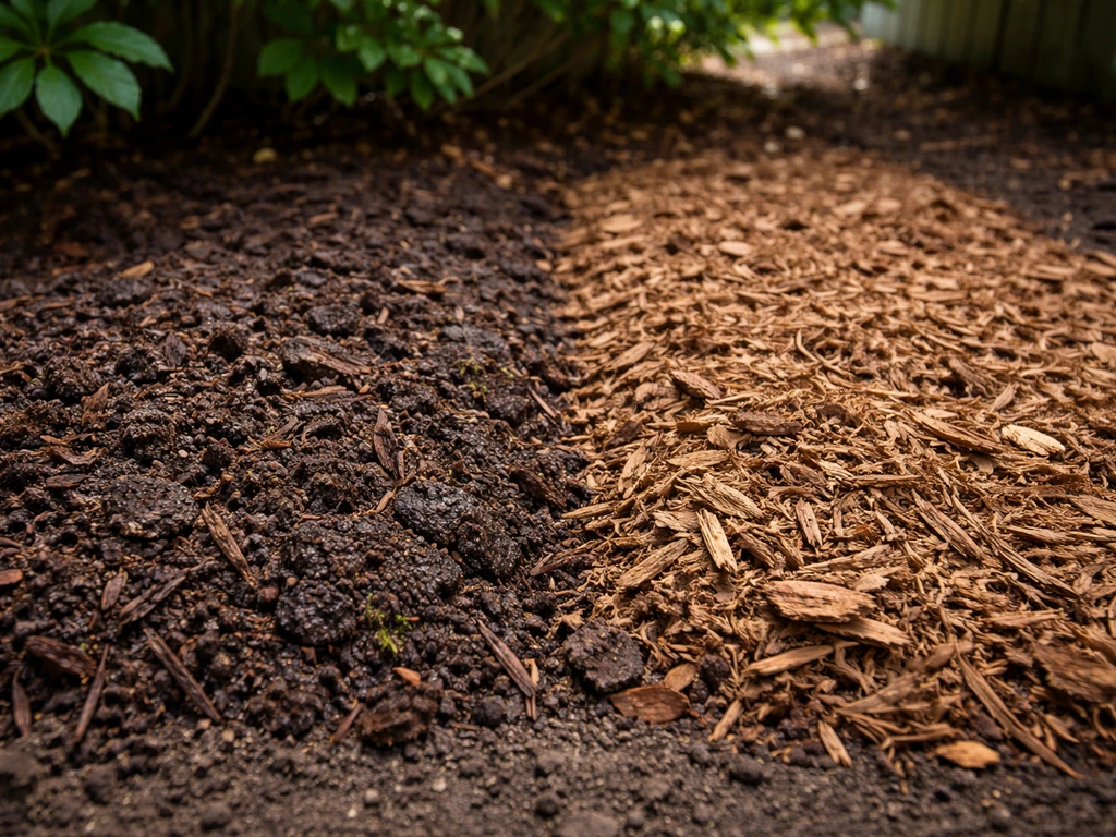 Vergelijking van dichte, vochtige mulch met goed aangebrachte luchtige mulch bij een schaduwrijke tuinplek, zonder mos i