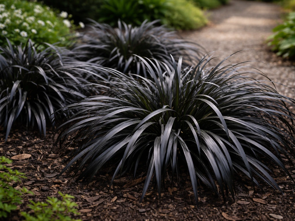 Zwart niger gras als bodembedekker in een tuin, met contrasterende beplanting op de achtergrond.