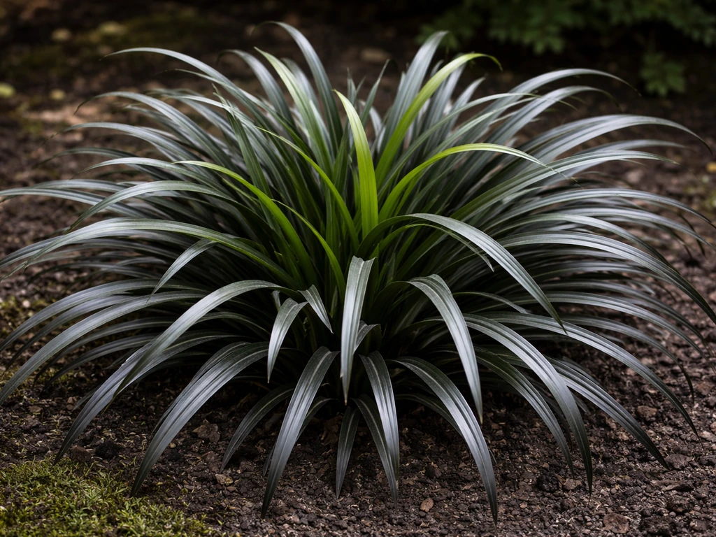 Close-up van smalle, licht gebogen donkergroene bladeren van Ophiopogon planiscapus 'Niger' in de tuin.