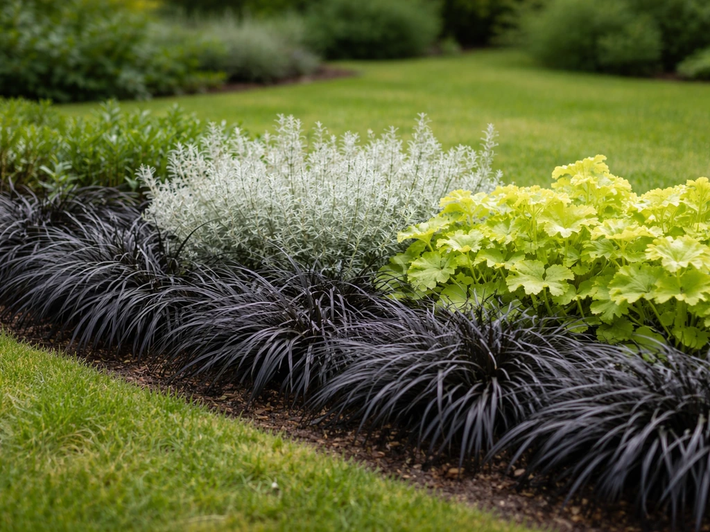 Zwarte bodembedekker (Niger gras) vormt een rand naast zilvergrijze en lichtgele planten in een rustige tuinborder.