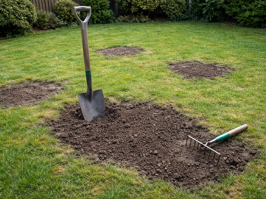 Kale plekken in het gazon met open, mogelijk vochtige grond en gereedschap op de rand.