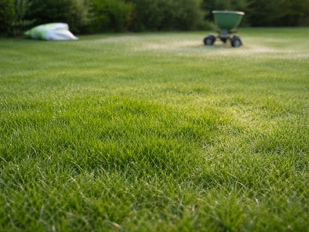 Groen Nederlands gazon met zichtbare grasstructuur en subtiele strooispuren op de achtergrond.