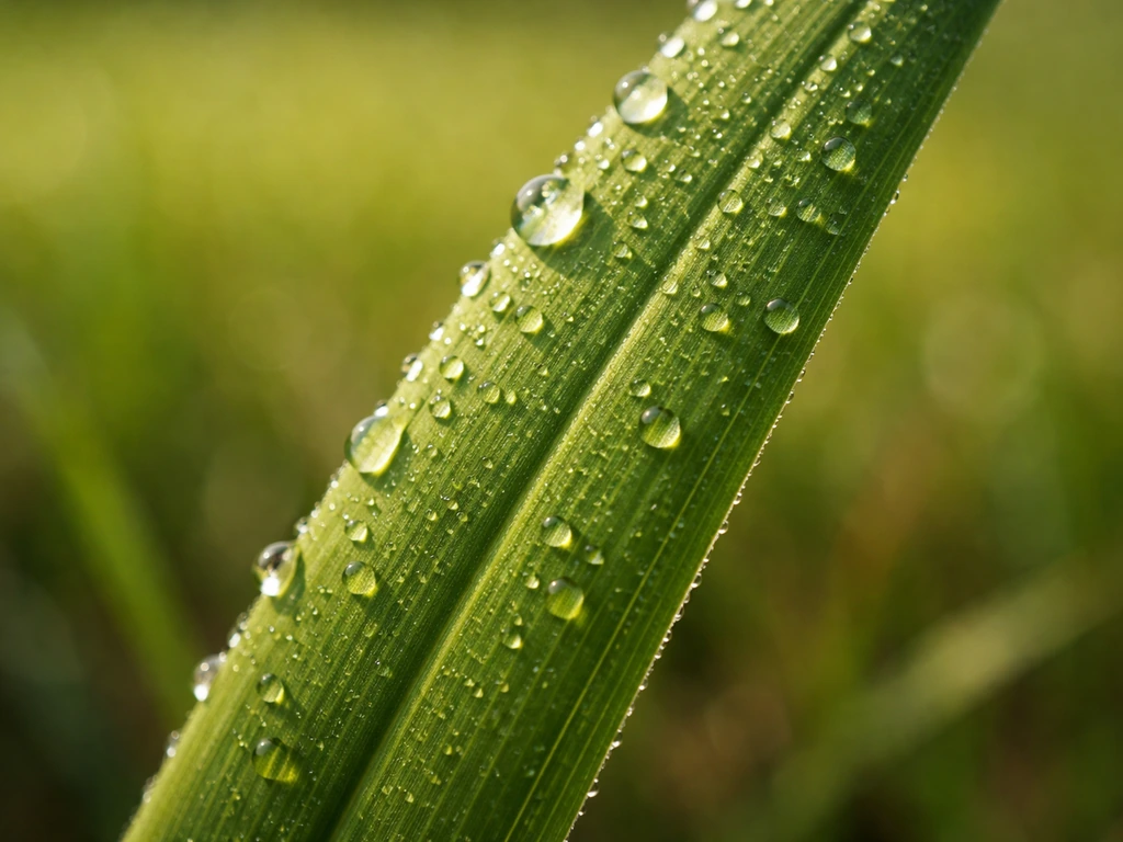 Close-up van een grasblad met zichtbare huidmondjes en bladstructuur, die waterhuishouding symboliseert.
