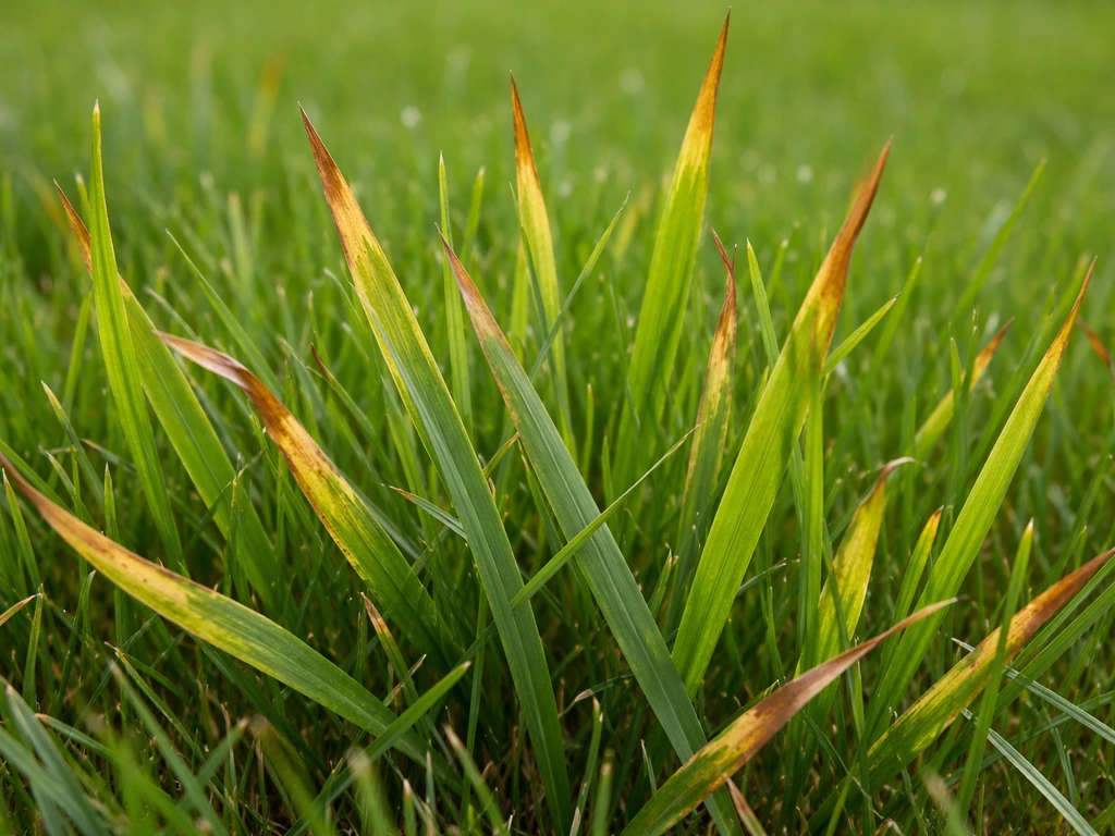 Close-up van gras met geelbruine, roestkleurige bladpunten en -randen die wijzen op mogelijk kaliumtekort.