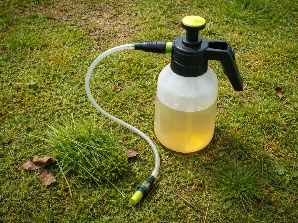 Bovenaanzicht van een tuinspuitfles met verdunde etherische olie naast mosvlekken en gras in een Nederlands gazon.