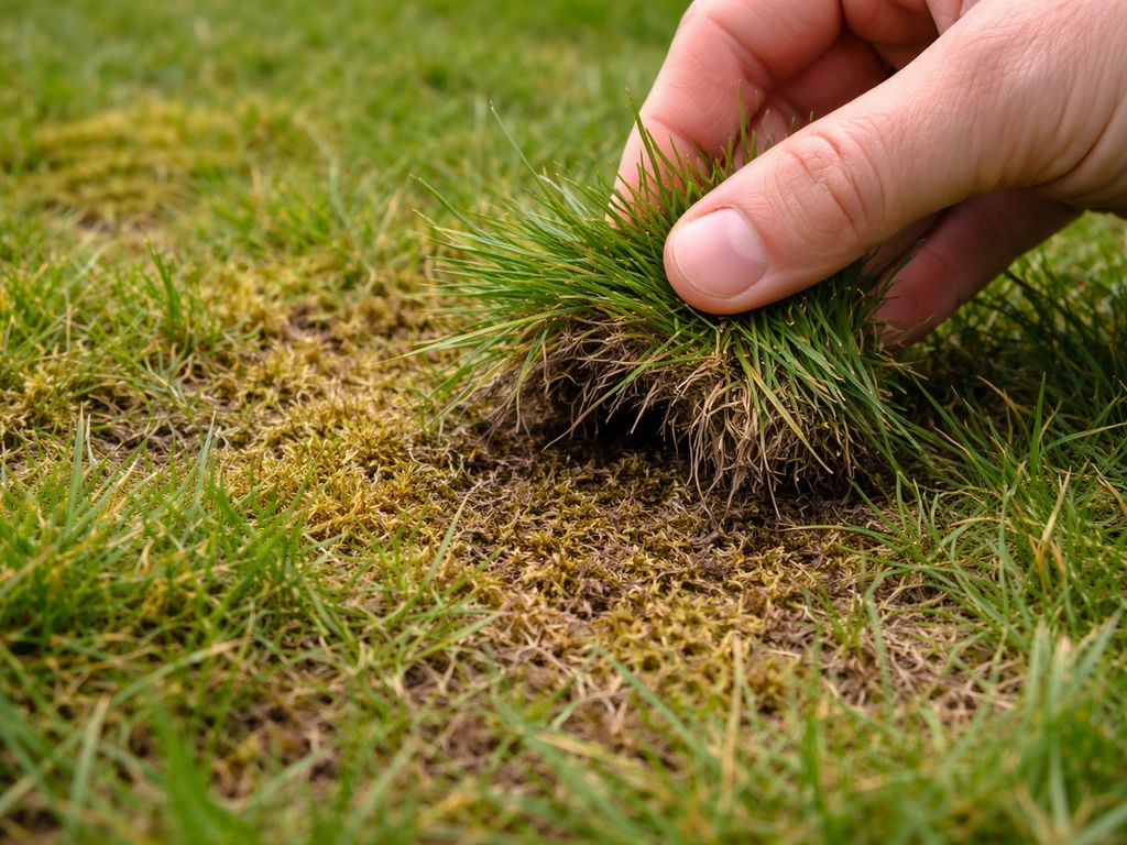 Close-up van graspolletjes met gele en bruine plekken, terwijl een hand voorzichtig aan het gras trekt