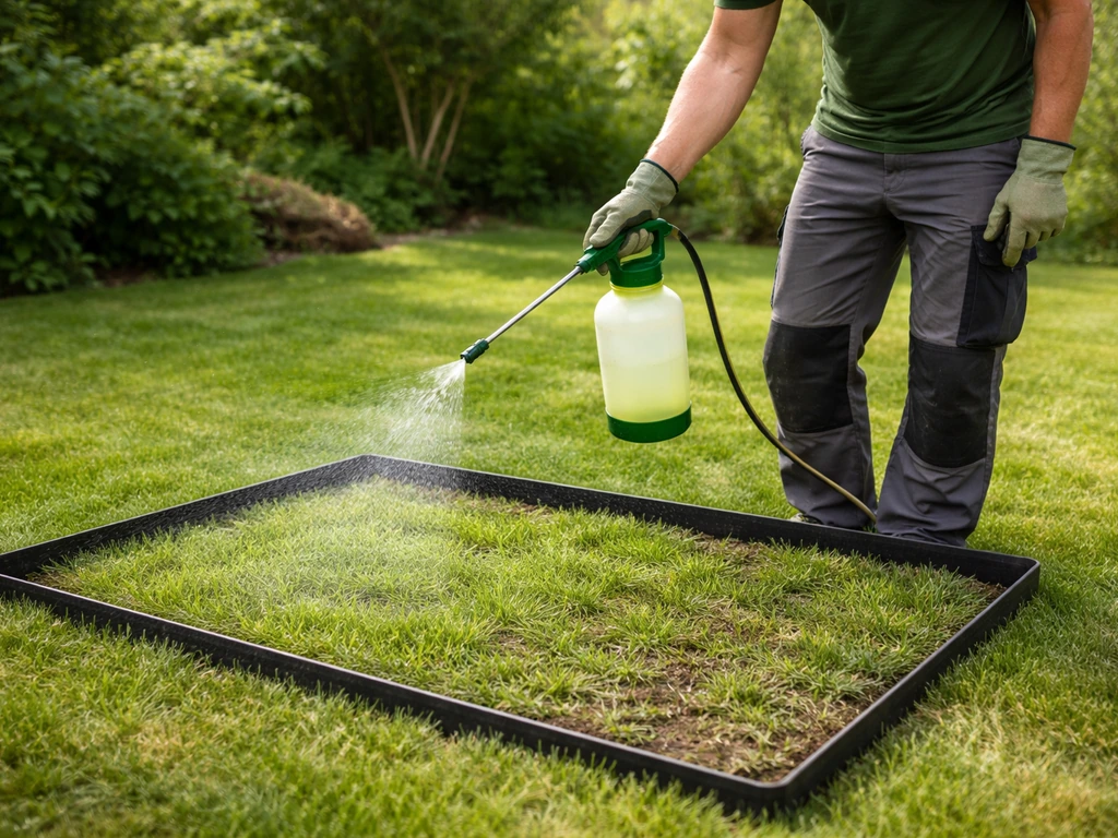 Anonieme tuinier spuit verdunde oplossing op een afgebakend testvakje gras met een handspuit.