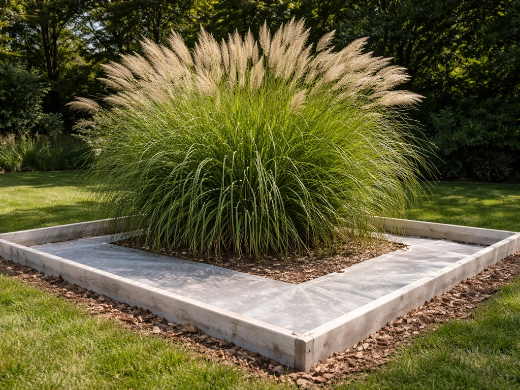 Siergras in de tuin met een afgeschermde teststrook op de grond voor veilig gebruik.