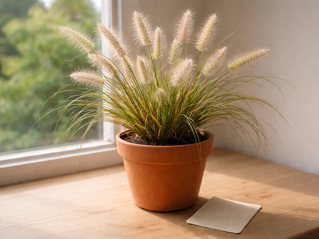 Lampenpoetsersgras in een pot met een klein botanicum-etiket naast de sierlijke pluimen.