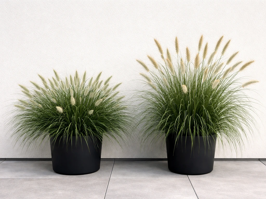 Twee siergrassen in potten naast elkaar: compact Hameln-achtig grassoort links, ander pennisetum-resemblance rechts.