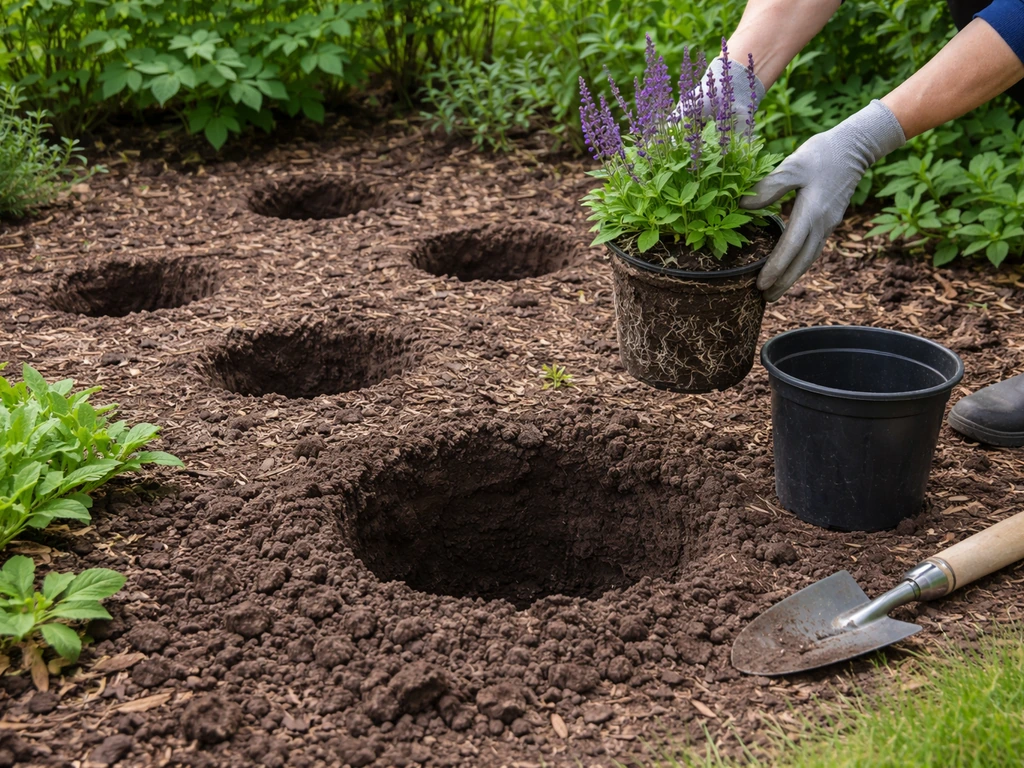 Ruim plantgat in een tuinborder met plant in pot en gelijkmatige plantplekken, handen aan het werk.