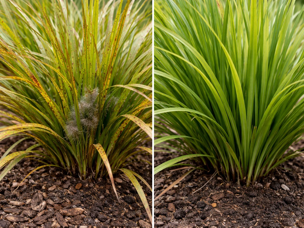 Close-up van één graspol met links roestkleurige/ grauwgrijze schimmelvlekken en rechts schoon blad.